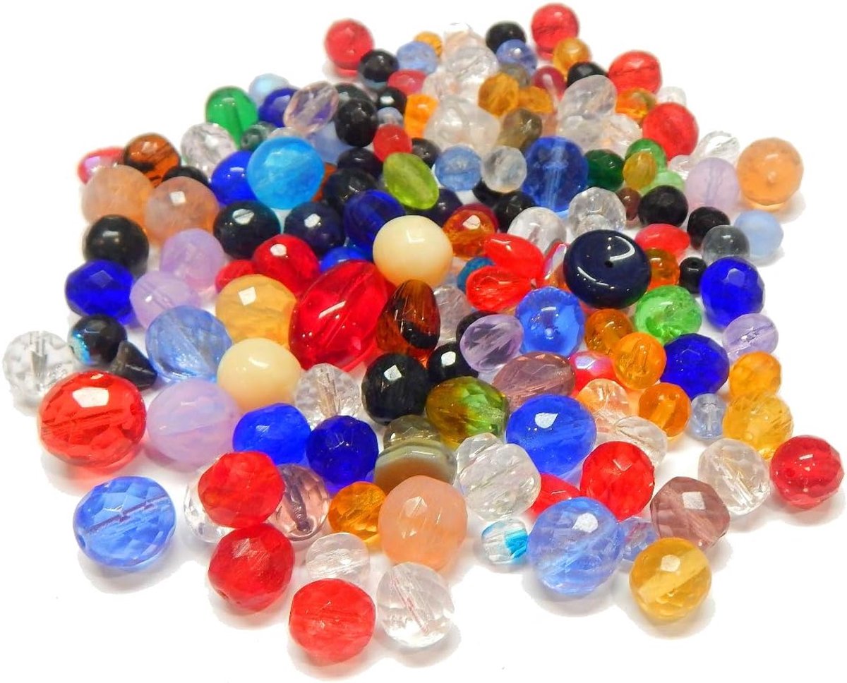 Kralen, fantasie, gemengd, 110 stuks, 4-14 mm, verschillende vormen en kleuren, kristal, Tsjechisch, kleurrijk, knutselset voor het maken van sieraden