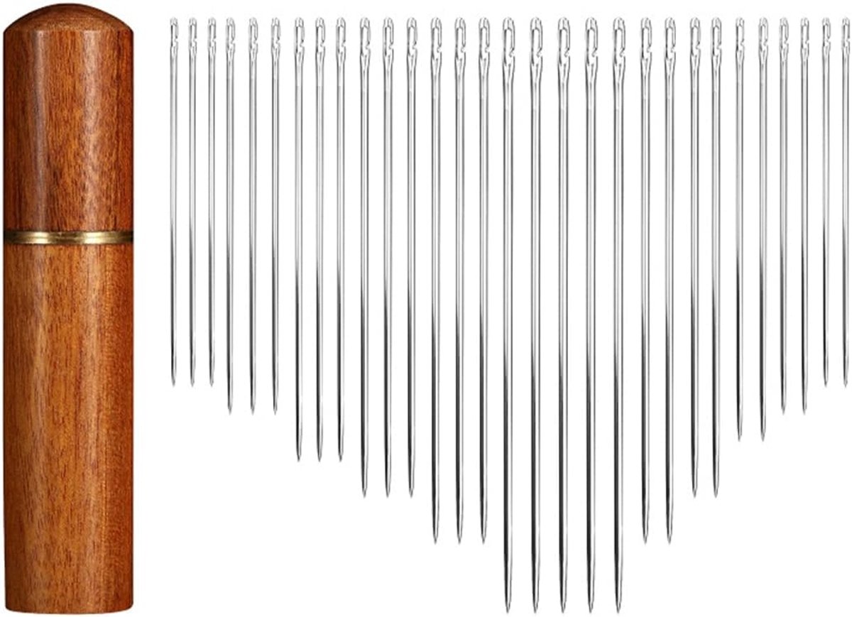 Handnaainaalden, 30 stuks handnaainaalden, verschillende maten met 1 doos houten naalden, automatische inrijgnaalden voor naaien, knutselen