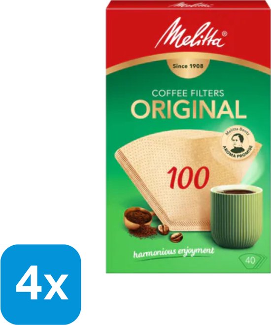 Melitta koffiefilters Original, 100 stuks, natuurkleurig, met "Melitta Bentz Aroma Promise" logo.
