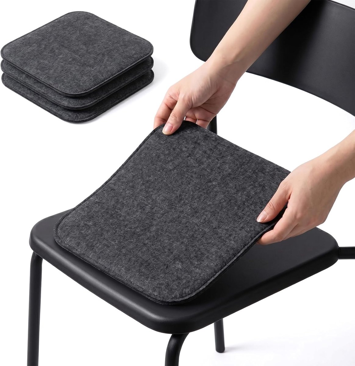 zitkussen vierkant met anti-slip noppen, set van 4 antislip vilten zitkussens, 35 x 35 cm, wasbaar stoelkussen voor binnen en buiten, zitkussen voor eetkamer, tuin (4, hoekig - donkergrijs)
