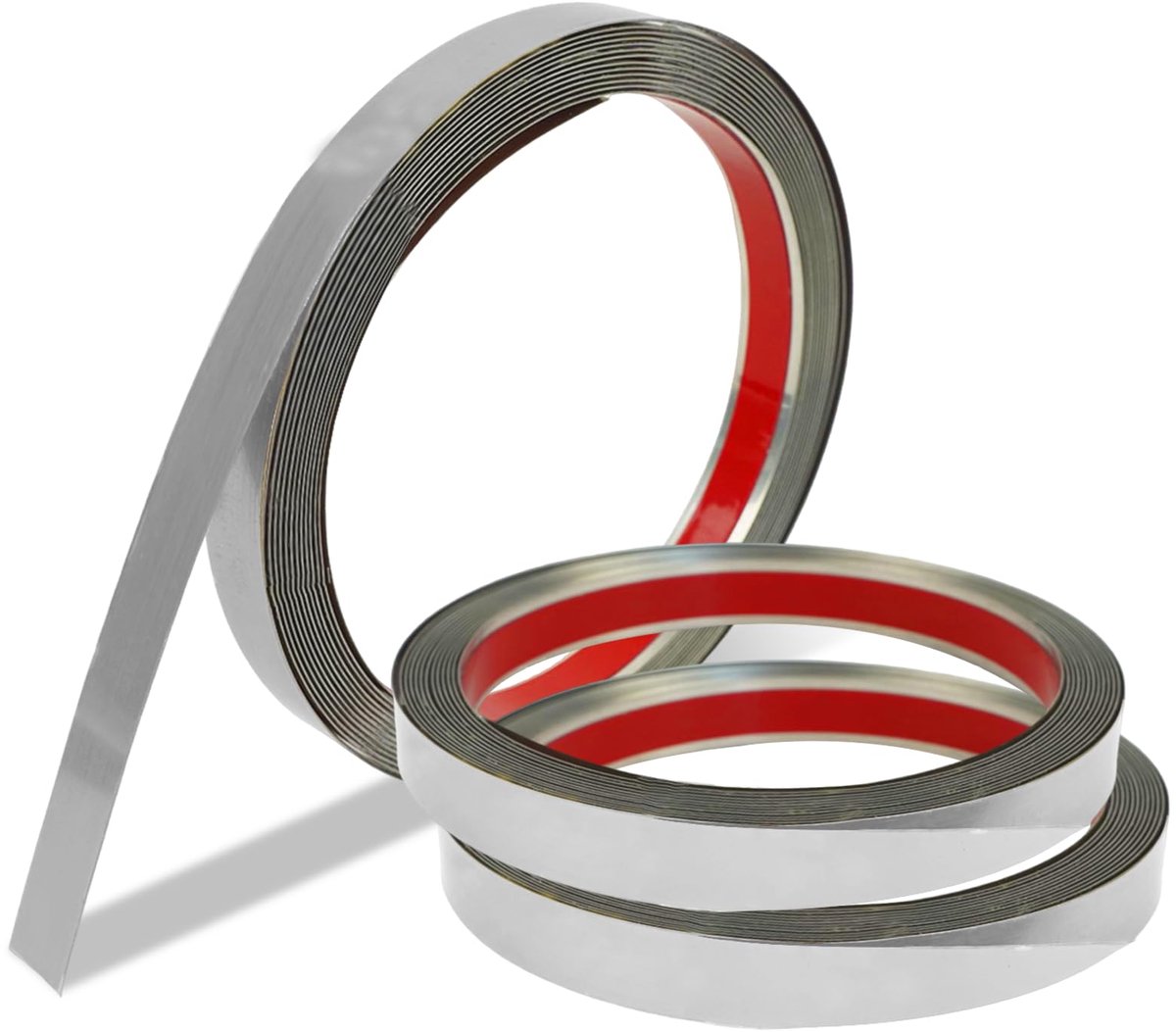 3 stuks metalen band, zelfklevend, roestvrij staal, zilveren sierlijsten, zelfklevend, roestvrijstalen vormlijst, 5 m lang, 1 cm breed, voor randbescherming, muur, deurkozijnen, tegels (zilver, 1 cm