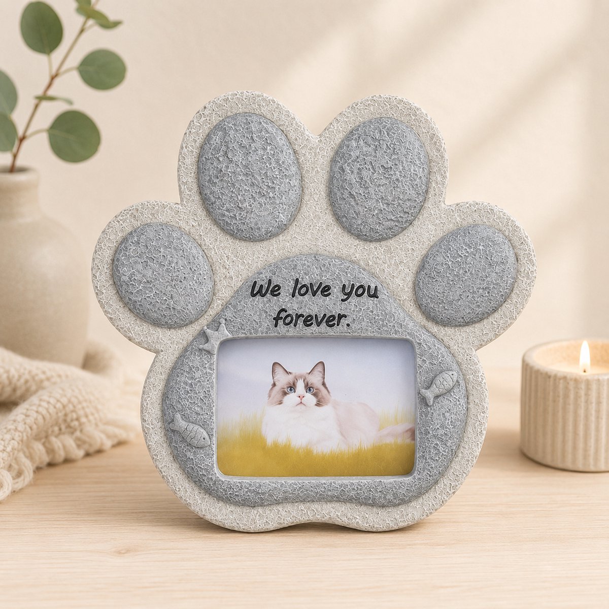 Sercano Gedenksteen voor Kat met Fotolijst – Grafsteen voor Kat in Pootvorm – Hars – 15 x 15 cm – Grijs