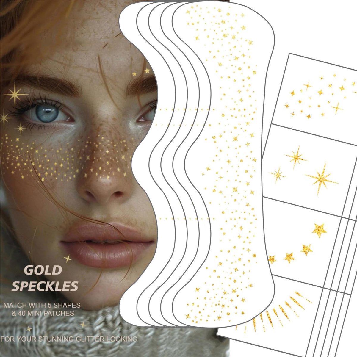 25 Verschillende Glitter Sproeten Gezicht Tattoos, Glitter Sproeten, Gouden Glitter Make Up Spikkels Voor Het Gezicht, Gloeiende, Fonkelende Make-Up Patches, Goud