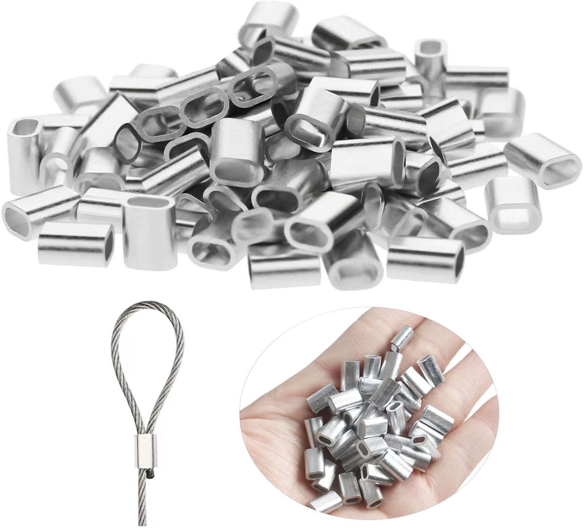 120 stuks aluminium persklemmen, aluminium draadkabelklemmen, 3 mm, robuuste aluminium hulzen voor kabels en kabels, ovale persklemmen voor verbindingen, roestvrij, veelzijdig inzetbaar voor bouw,