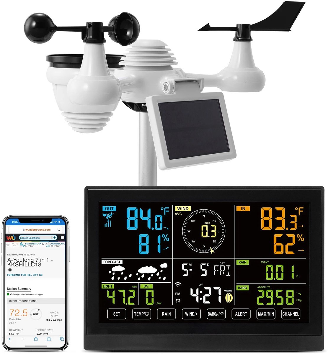 Bruinsma INEX Weerstation - Hygrometer - Weerstation Binnen En Buiten - 7-in-1 Weerstation - Regenmeter - Windsnelheid - Zonnepaneel