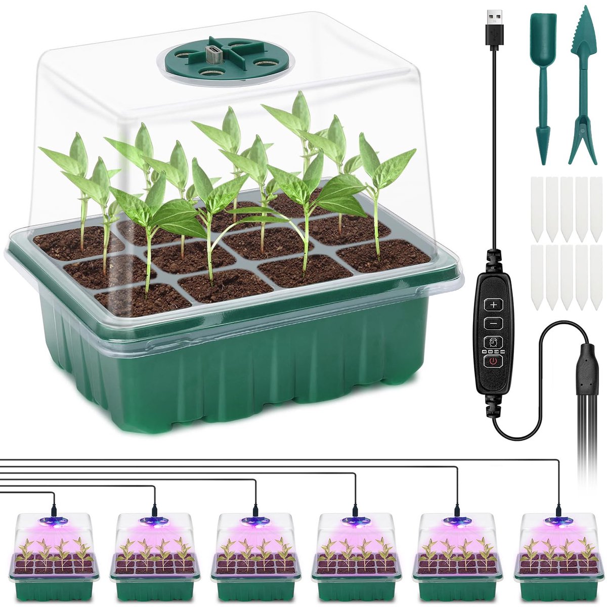 6 Stuks Kweekbak,Kweekschaal Voor Planten, Mini-Broeikas Kweekset Met Verhoogd Deksel, Zaailingstarter Met Plantenlichten Met Volledig Spectrum,10 Labels 2 Gereedschap