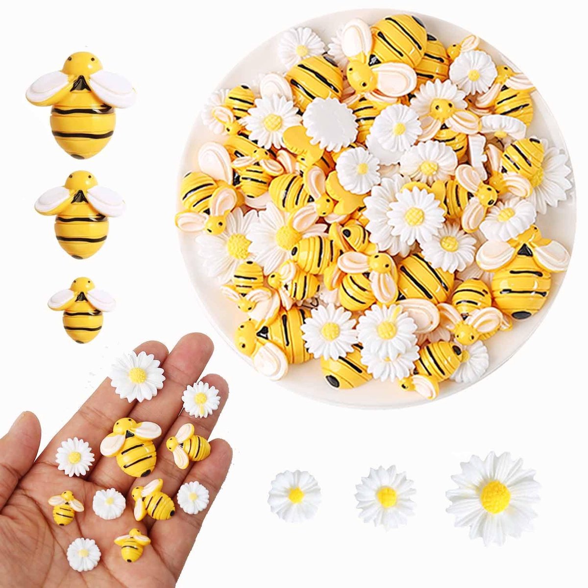 90 stuks decoratieve bijenvormige margrietbloemen in hars Kleine harsbijen voor ambachtelijke decoratie, hommelvorm, plakversiering voor knutselen