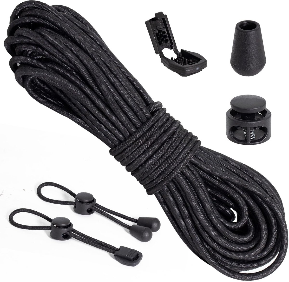 koord, 3 mm, 12 m, set inclusief 60 accessoires, 20 koordstoppers, 20 kabelklemmen, 20 eindkappen, elastisch rubberen koord voor camping, rugzak, kleding, schoenen, doe-het-zelf