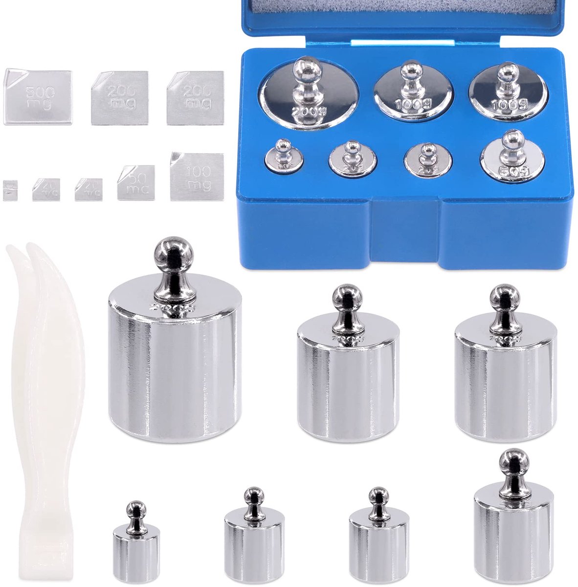 16-delige set precisiekalibratiegewichten, 10/20/50/100/200 g, 500/200/100/50/20/10 mg stalen gewichten voor kalibratie met pincet voor digitale weegschaal, juweliersweegschaal (totaal 500 g)