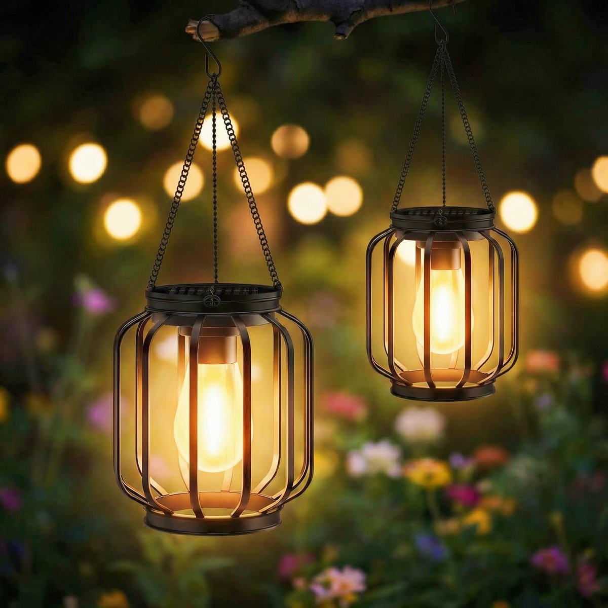 Hanglampen op zonne-energie, 2 stuks, metalen lantaarns op zonne-energie met grote ledgloeilamp, tuindecoratie met haak en ketting voor terras, gazon, balkon, erf