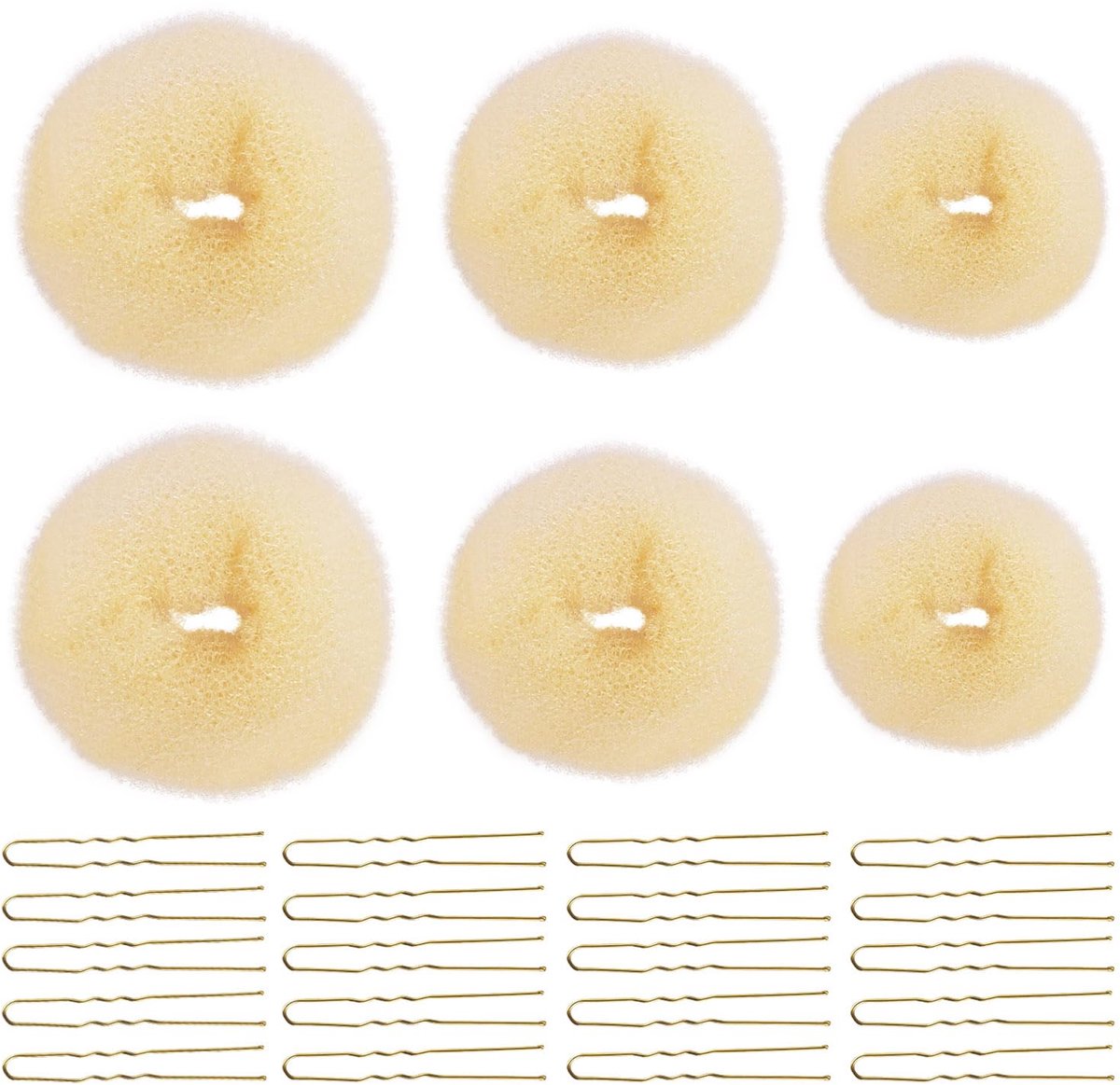 26 stuks Hair Bun Maker set, 6 stuks haaraccessoires knoopkussen met 20 stuks U-vormige haarspelden duttkussen accessoires voor vrouwen meisjes (Beige, Goud)