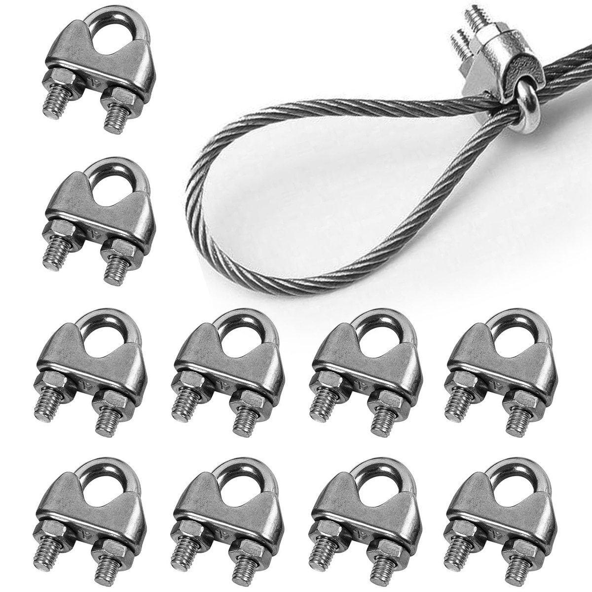 10 stuks draadkabelklemmen 8 mm, roestvrij stalen draadkabel, U-bout kabelklem staalkabel, kabelclip, touw beugelkabelklem, kabelklemmen, kabelklemmen, kabelklem voor waslijn, luifel, staaldraad