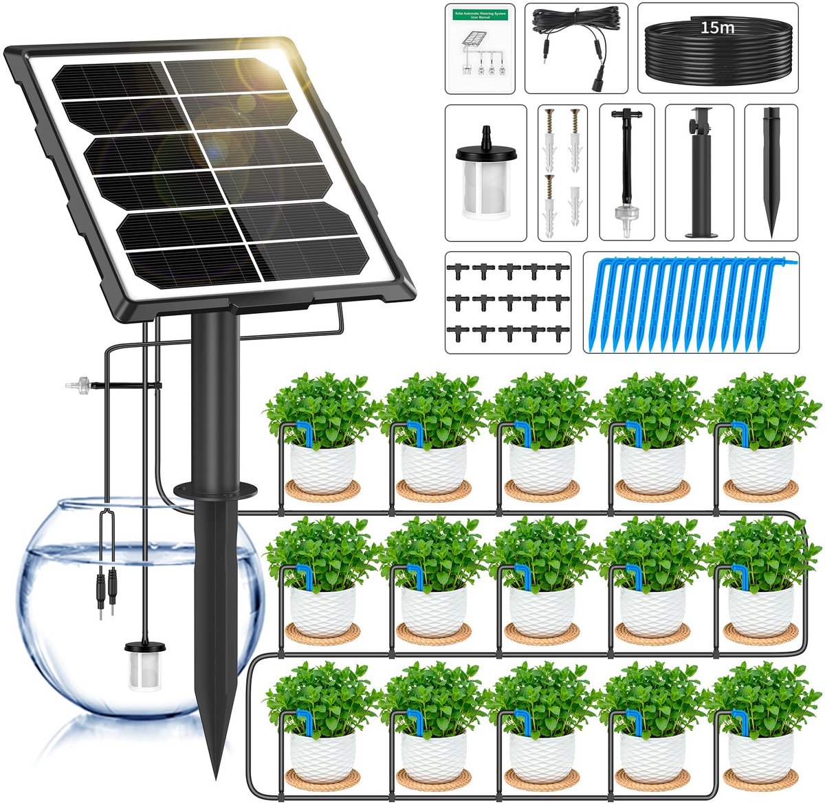 Speed Bewateringssysteem op zonne-energie met watersensor, automatisch irrigatiesysteem tuin met 6 timermodi + 15 m slang voor tuin, balkonplanten, potplanten buiten