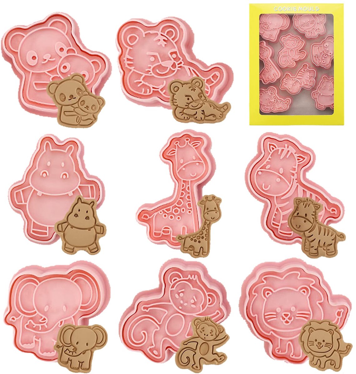 Olifant, tijger, nijlpaard, giraf, zebra, aap, panda, leeuw, koekjessnijder, set voor het bakken in de keuken