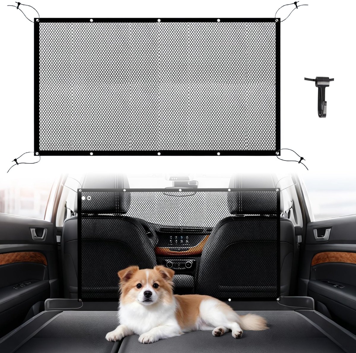 Hondenhek Auto, 110Cm*75Cm Breed Kofferbak Scheidingsrooster Hondenhek voor de Achterbank met Verstelbaar Touw en Haak voor SUV's, Vrachtwagens en Personenauto's (Zwart)