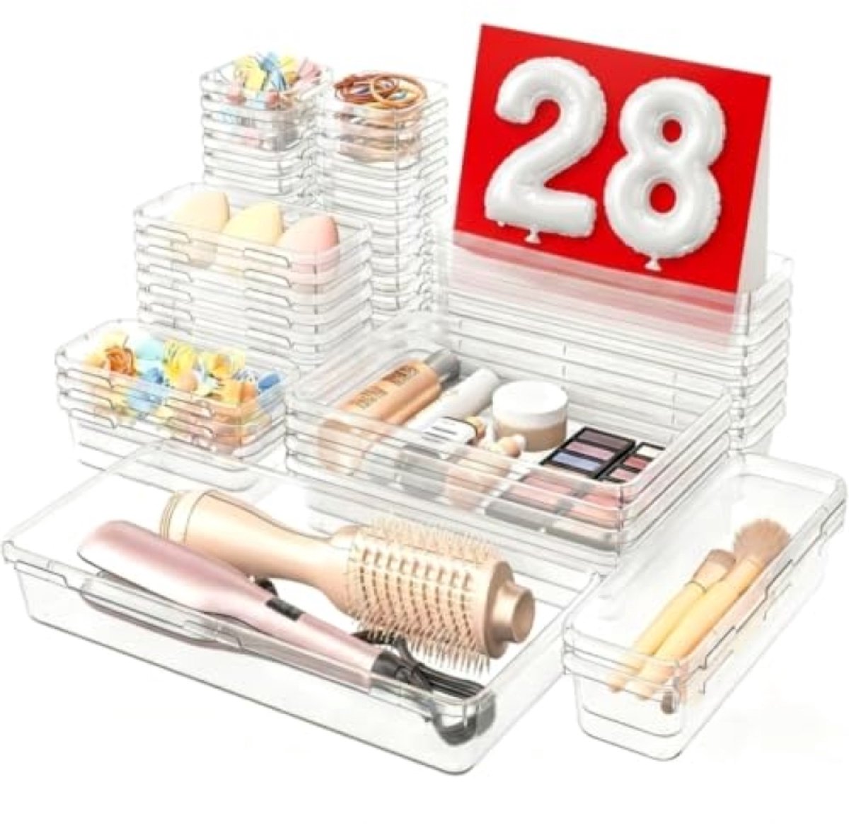 28-delig lade organizer set, transparante opbergbakjes voor make-up, badkamer, keuken en kantoor - Huis Geluk