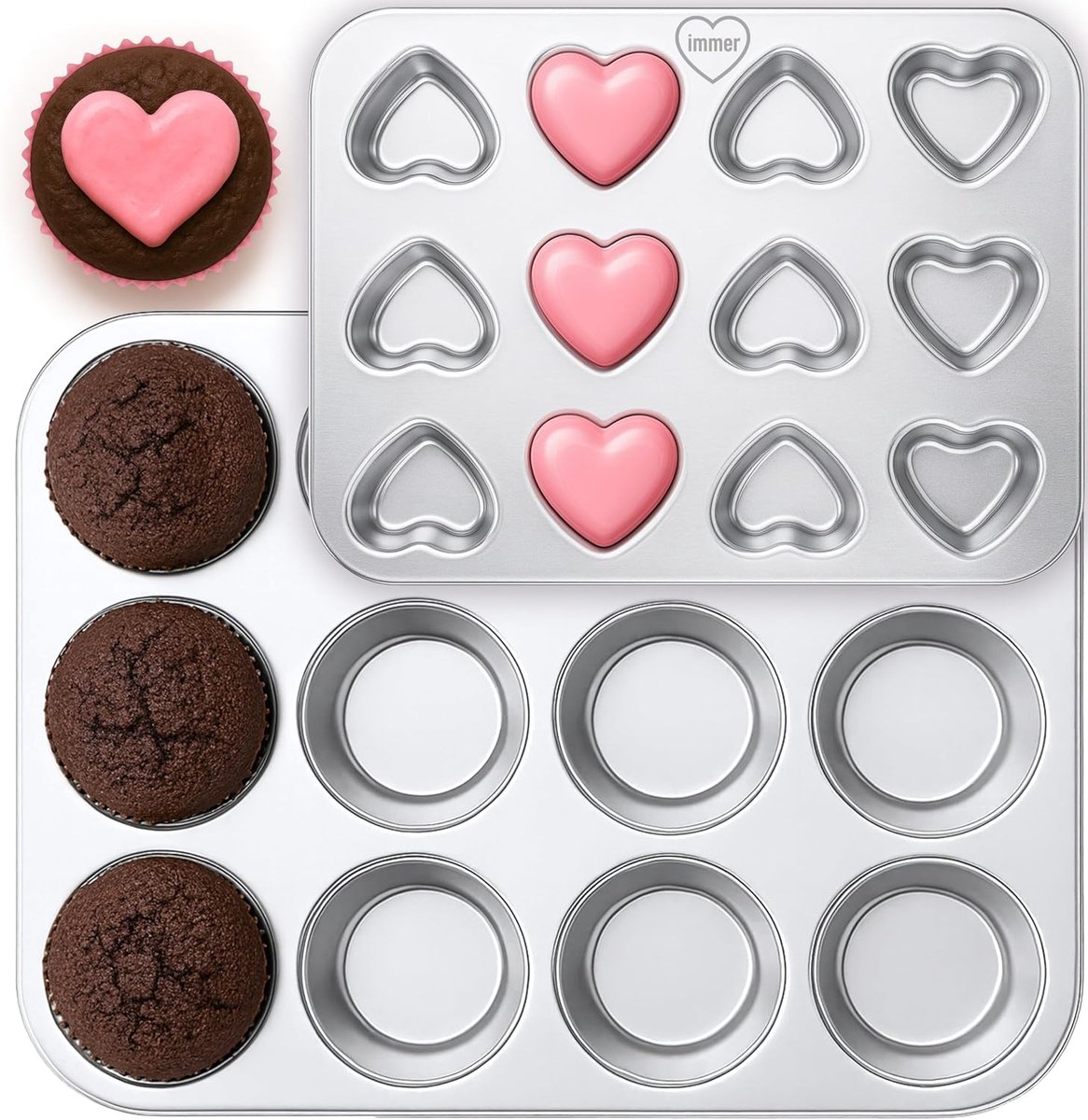 SnelShoppen - Roestvrij Stalen Muffinbakplaatset voor 6 Muffins en Hartjes, PFAS-vrij, Vaatwasmachinebestendig, Ideaal voor Feestjes en Bakplezier in
