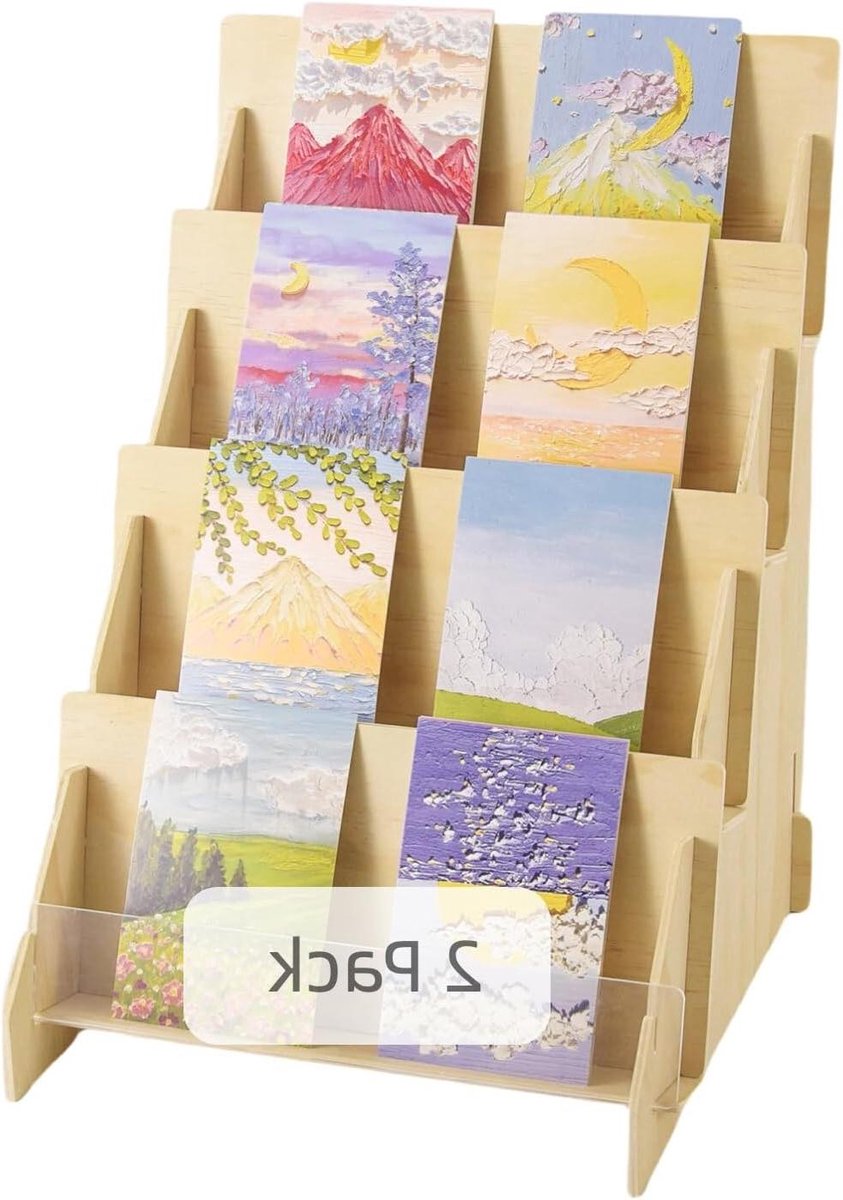 Kaarten Display - Opbergrek - Wenskaarten Presenteren - Set van 2 stuks - 4 Tier - Natuurlijk Bamboe