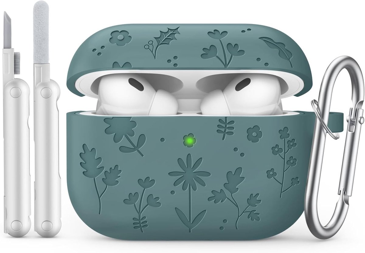 Siliconen Carving Case voor AirPods Pro 3, Schattig Bloemmotief, Groene Bescherming en Stijl