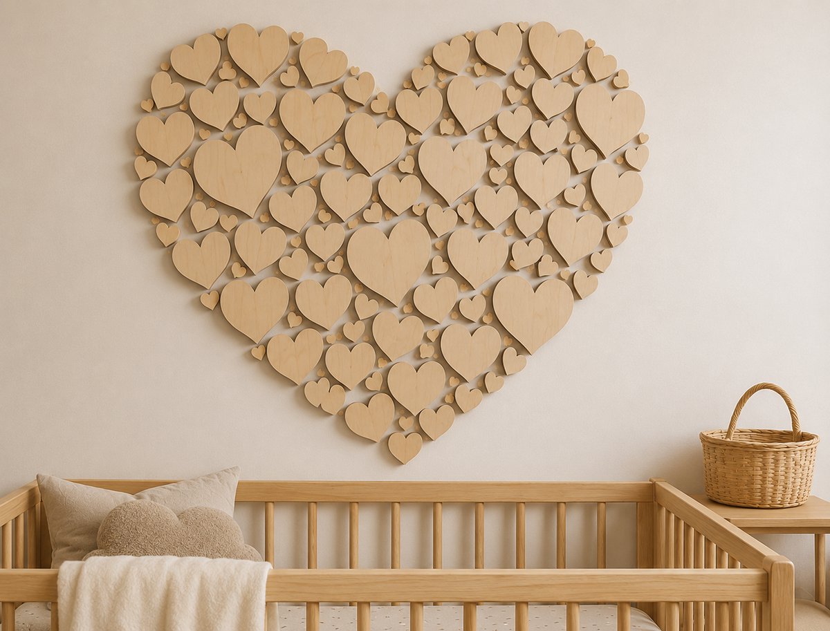 Houten Hart Wanddecoratie 3D | Decoratieve Hartjes Mozaïek | Babykamer & Woondecoratie | 50 x 50 cm | 5 mm/ baby Multiplex