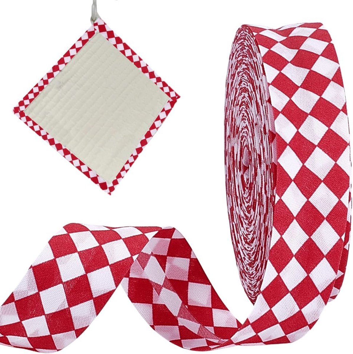 24 meter dubbelgevouwen biaisband, 3,5 cm breed tartan biaisband polyester geruit lint voor naaien kledinghoed doe-het-zelf ambachten geschenkverpakking huisdecoratie, donkerrood en wit