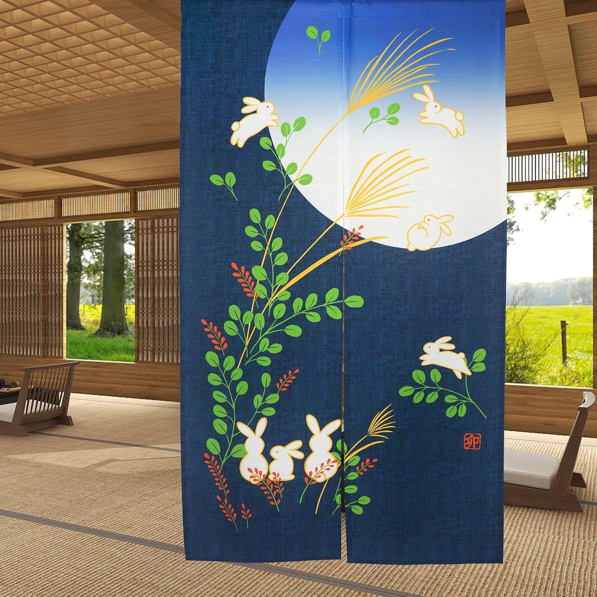 Japanse deuropening gordijn Noren schattig konijn onder de maan decoratie blauw 83,8 x 149,9 cm