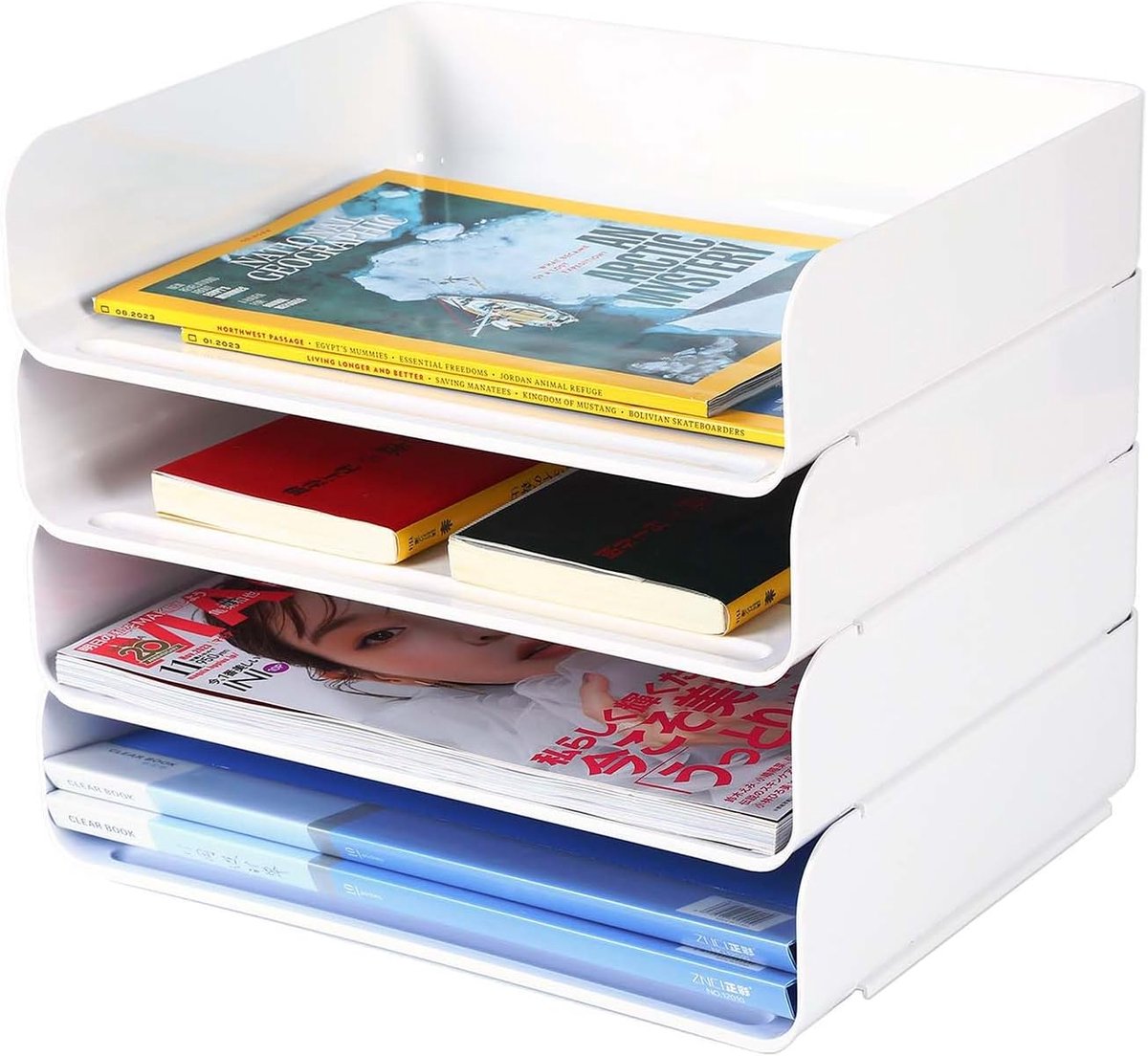 A4-brievenbakjes met 4 niveaus, kantoorbureau, archiefrek, opgeruimd document, briefpapier, organizer (4 lagen, wit)