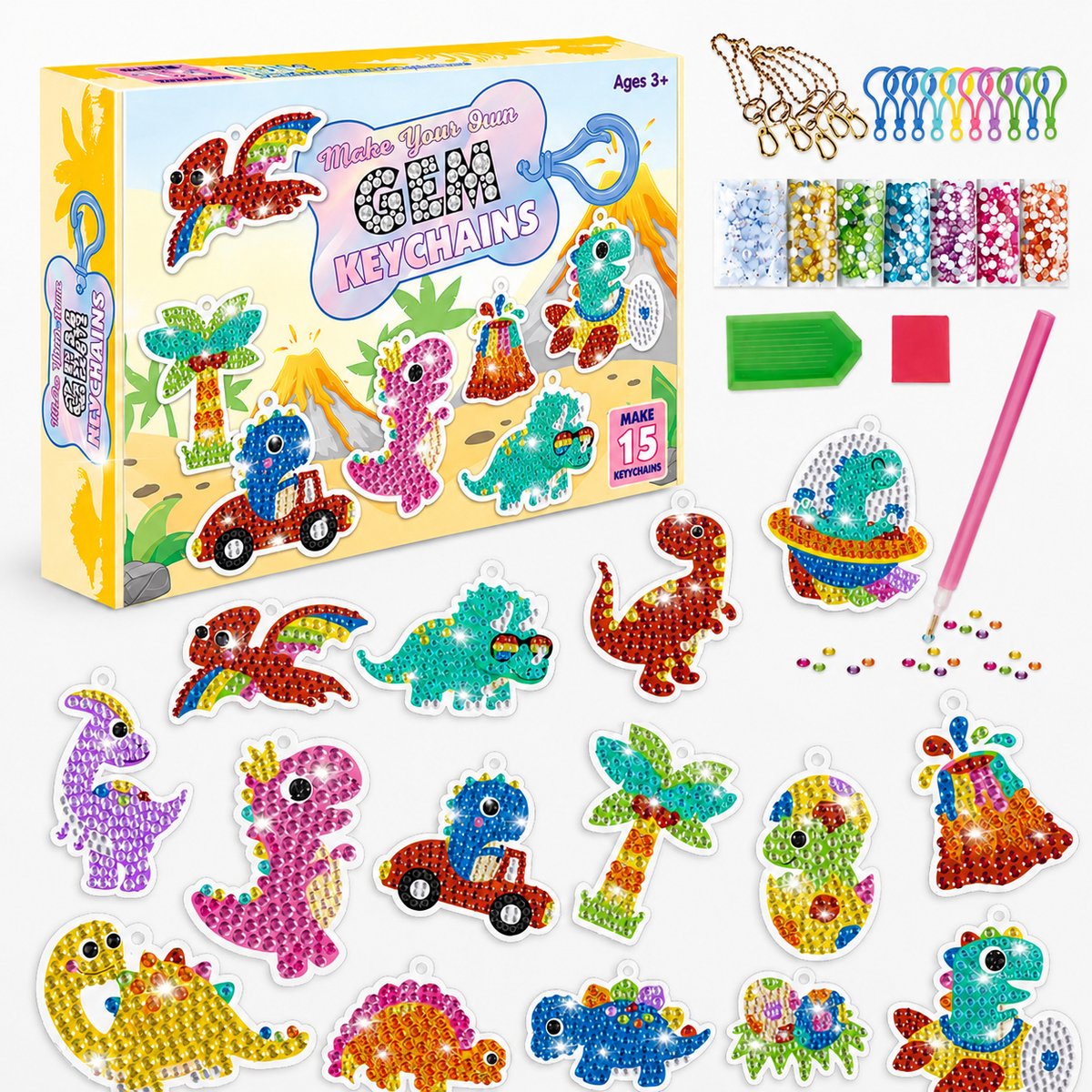 YYchan Diamond Painting Sleutelhanger - 15 Stuks DIY Knutselset - Compleet Decoratie Pakket - Creatief Cadeau - Voor Kinderen Vanaf 3 Jaar - Dinosaurus