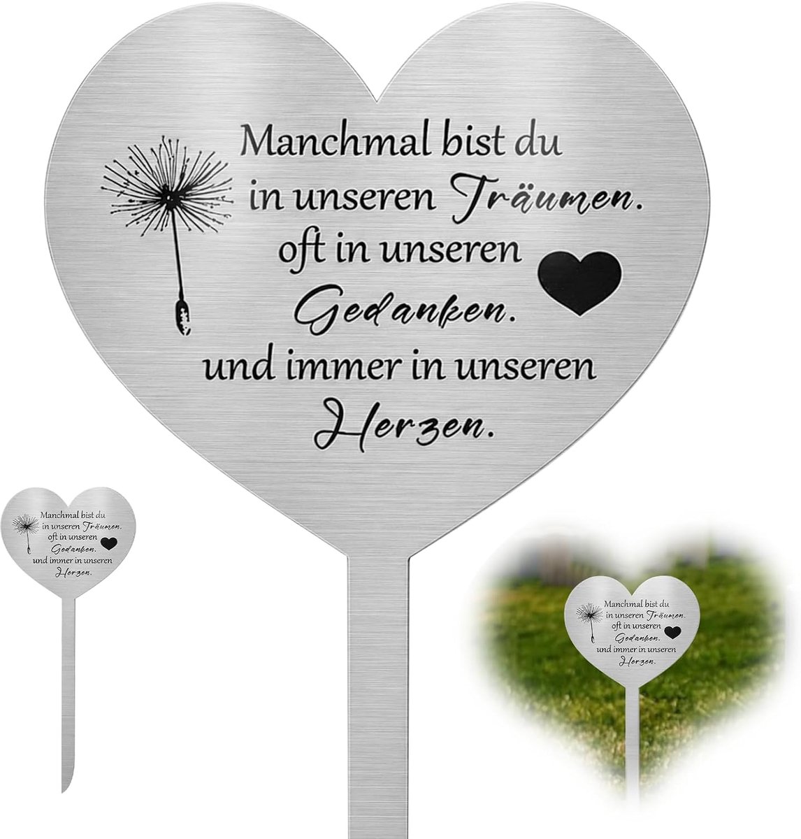 weerbestendig, grafdecoratie, hart, grafsteker, begraafplaats, decoratie, roestvrij staal, grafdecoratie, paardenbloemmotief voor mededood en herdenking voor de dag van de overleden