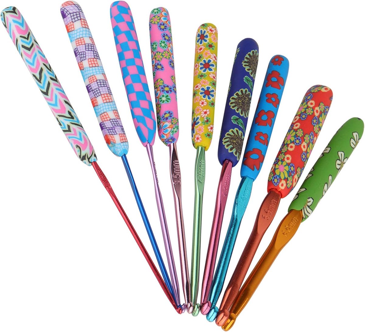 9 stuks kleurrijke metalen haken, zachte handgrepen, met bloemenhandgrepen voor artritische handen, voor beginners, volwassenen, experts en kinderen, geschenkdoos van 2,0 tot 6,0 mm