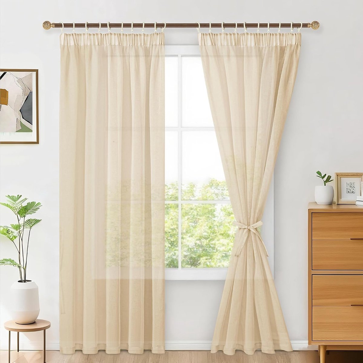 set van 2 stuks Sheer Voile gordijnen, voor de woonkamer, met ruchesband, transparante, doorzichtige, luchtige decoratieve gordijnen voor de slaapkamer, 225 x 140 cm (h x b), beige