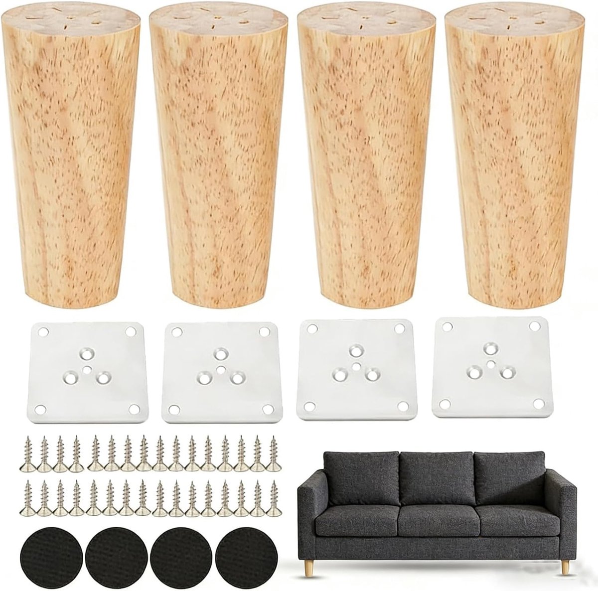 4 stuks conische meubelvoetjes van 10 cm, hout – rechte houten tafelpoten met bevestigingsplaten en schroeven voor bank/bed/kast/stoel