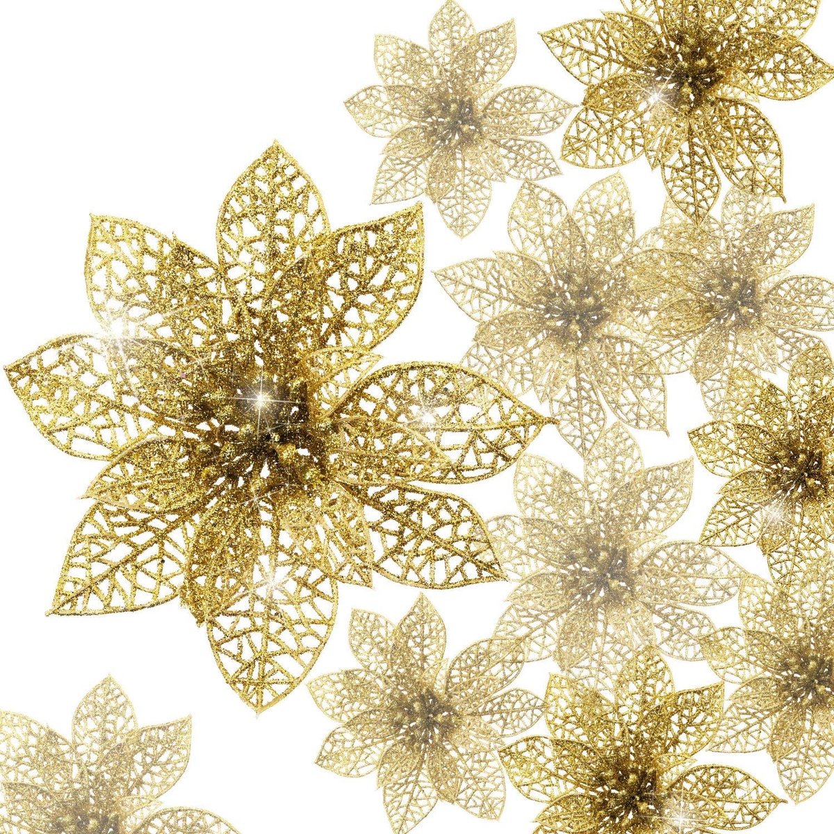 24 stuks glitter kerstster kerstboom ornament kerst bloemen decor ornament, 7,5 cm (goud)