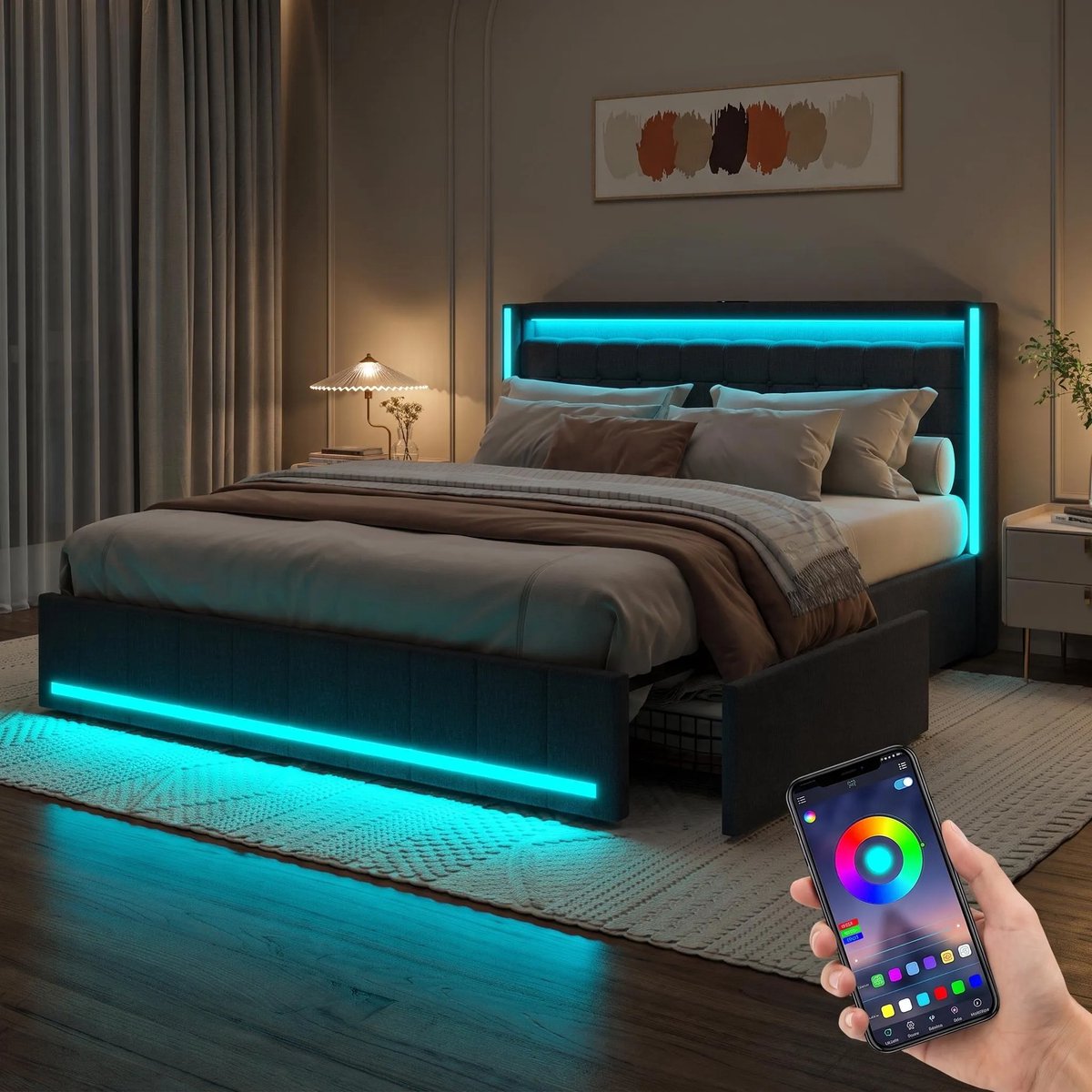 Linnen Gestoffeerd Bed 180x200 cm met Opbergruimte en Lattenbodem-Tweepersoonsbed- Opbergbed - Jeugdbed - Bedframe met Led Verlichting - Met Stopcontacten - USB -Type C,grijs,zonder matras
