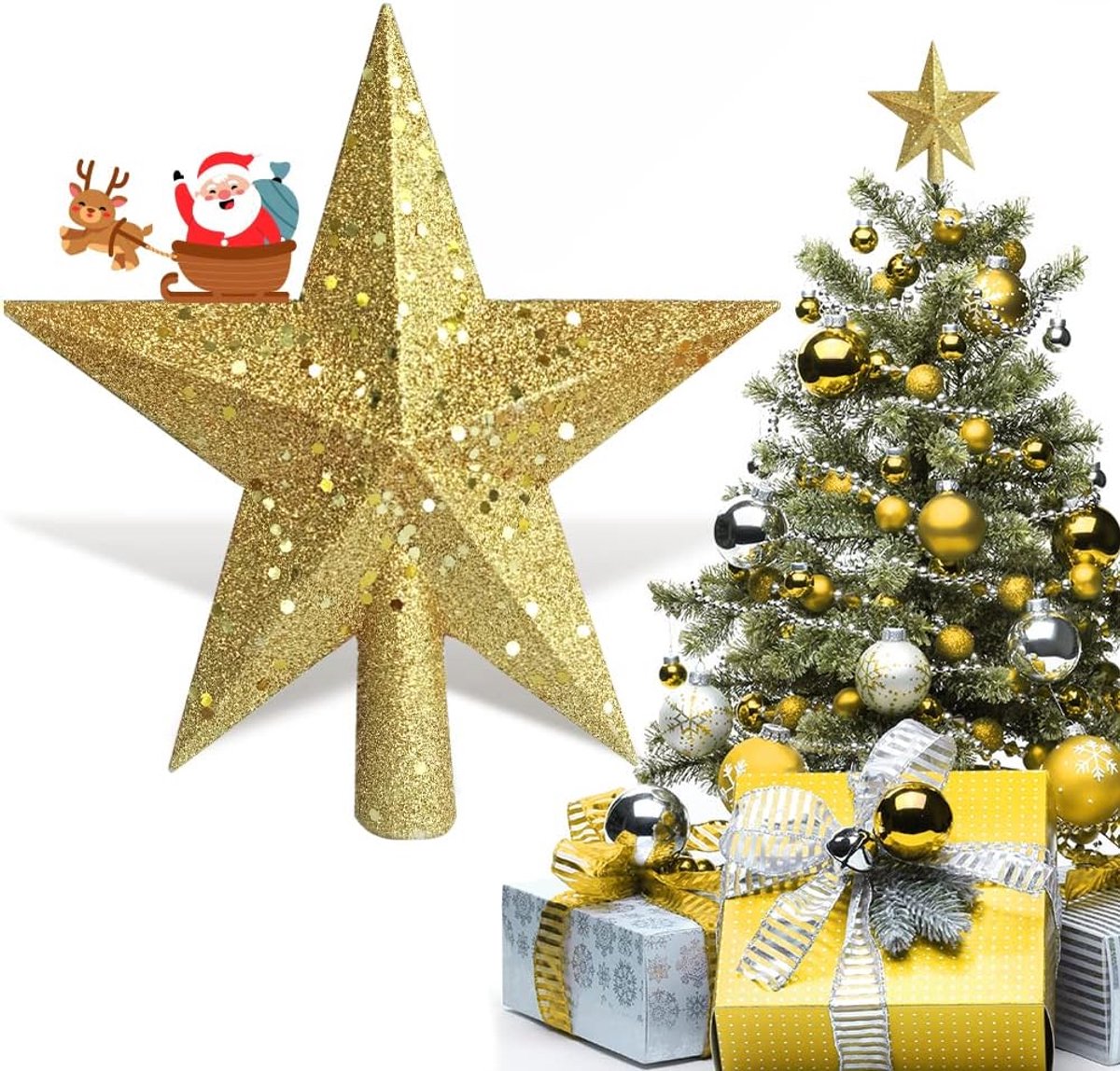 Topper ster, AOBETAK Glitter kerstbomen Top Decoratie, Plastic Lichtgewicht Hallow Kerstfeest bomen Sterren Thuis Kerst Ornament 20cm/7.8in, Goud