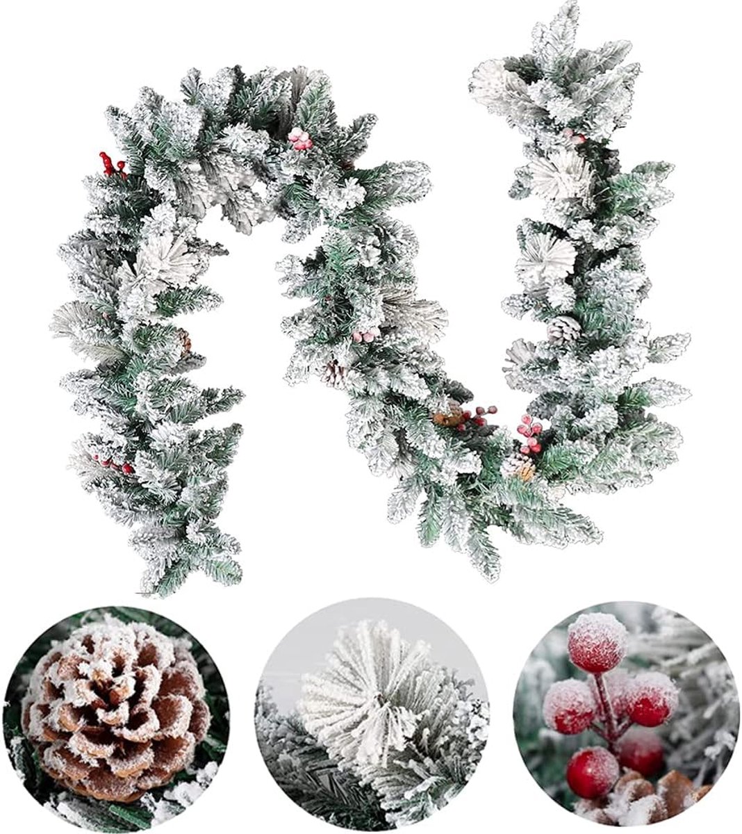Flocking Fir Garland Kunstmatige Sneeuw Kerstslinger met Dennenappels Kerstkrans Kerstversiering voor Deuren, Ramen, Haard, Trappen, Werf, Binnen en Buiten (1,8M)