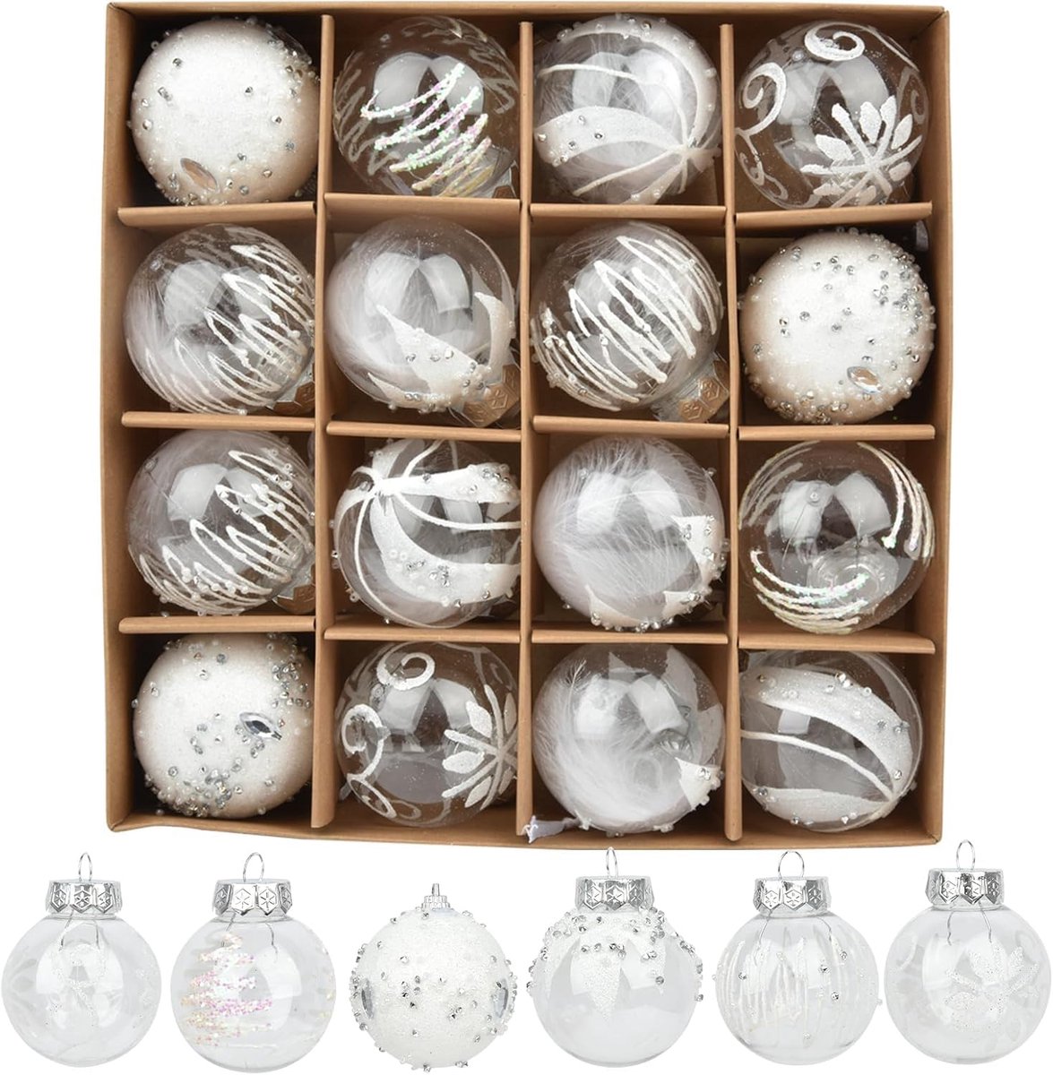 Kerstballen, wit, 16 stuks, 6 cm, kerstballen, transparante kerstboomversiering, kerstboomversiering met hanger, decoratie voor Kerstmis, thema, zilverwit