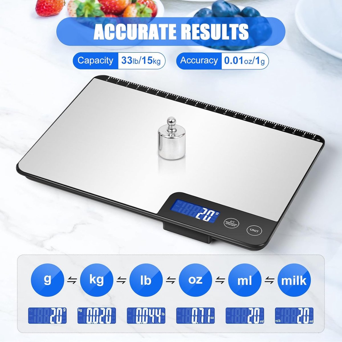 Digitale Keukenweegschaal 15 kg, Precisie Voedselweegschaal met 1 g nauwkeurigheid, Aangepaste Automatische Uitschakeling (3, 10 en 60 min.), LCD-scherm, Ideaal voor Koken, Bakken