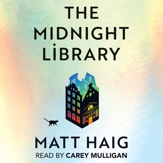 Couverture du livre 'The Midnight Library' avec une illustration stylisée d'une bibliothèque et un chat, sur un fond coloré.
