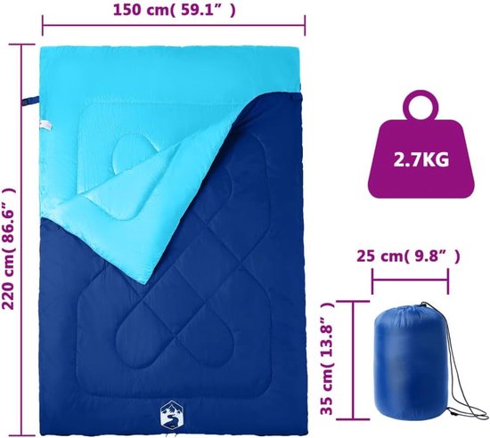 Slaapzak Dubbel - Tweepersoons Slaapzak - Kamperen en Reizen - Inclusief Kussens - 220 x 150 cm - Marineblauw en Blauw — afbeelding 5