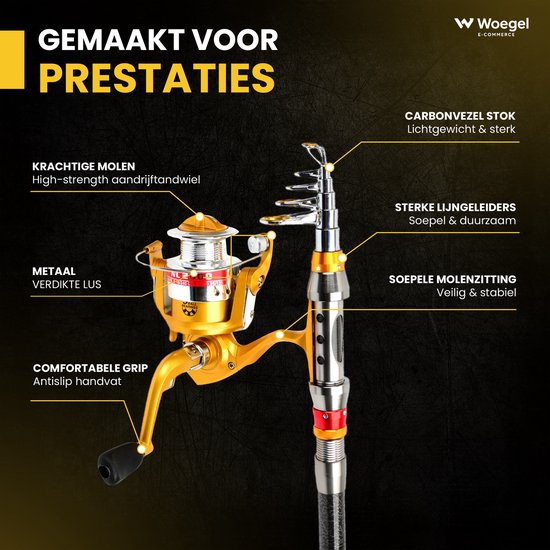 woegel hengelset - complete visset - vishengel + accessoires - werpmolen 50 meter - hengel van 2,1meter inschuifbaar - carbon-goud van Merkloos — afbeelding 2