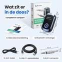 Inhoud van de doos: Siltcon Bluetooth ontvanger (3.81x5.93x1.61cm), handleiding, AUX-kabel, USB-C kabel, AUX-connector.
