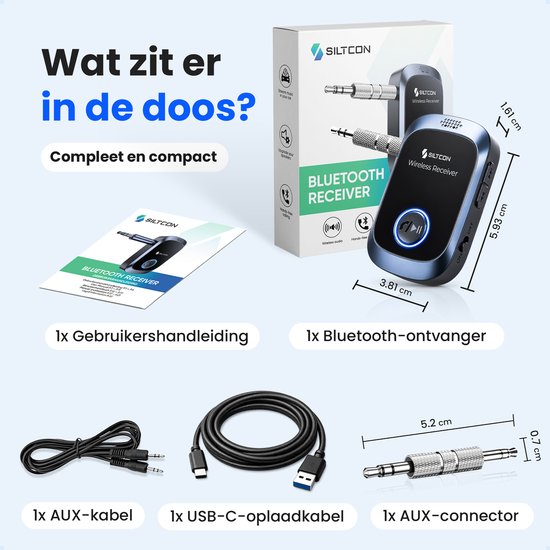 Inhoud van de doos: Siltcon Bluetooth ontvanger (3.81x5.93x1.61cm), handleiding, AUX-kabel, USB-C kabel, AUX-connector.