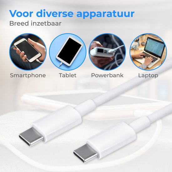 USB-C naar USB-C kabel voor diverse apparatuur: smartphone, tablet, powerbank en laptop. Breed inzetbaar.