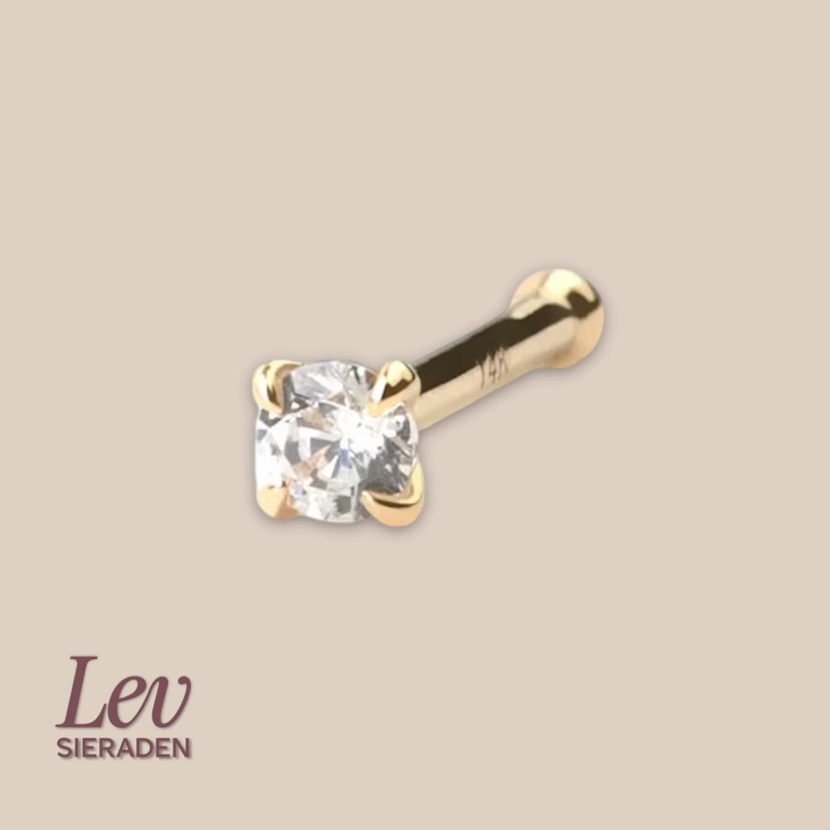 Lev Sieraden - 1x7mm - Neus stud 14k goud met gevatte 2.5mm Moissanite steen - Neus kogel - neus stud piercing - Handgemakte neus piercing