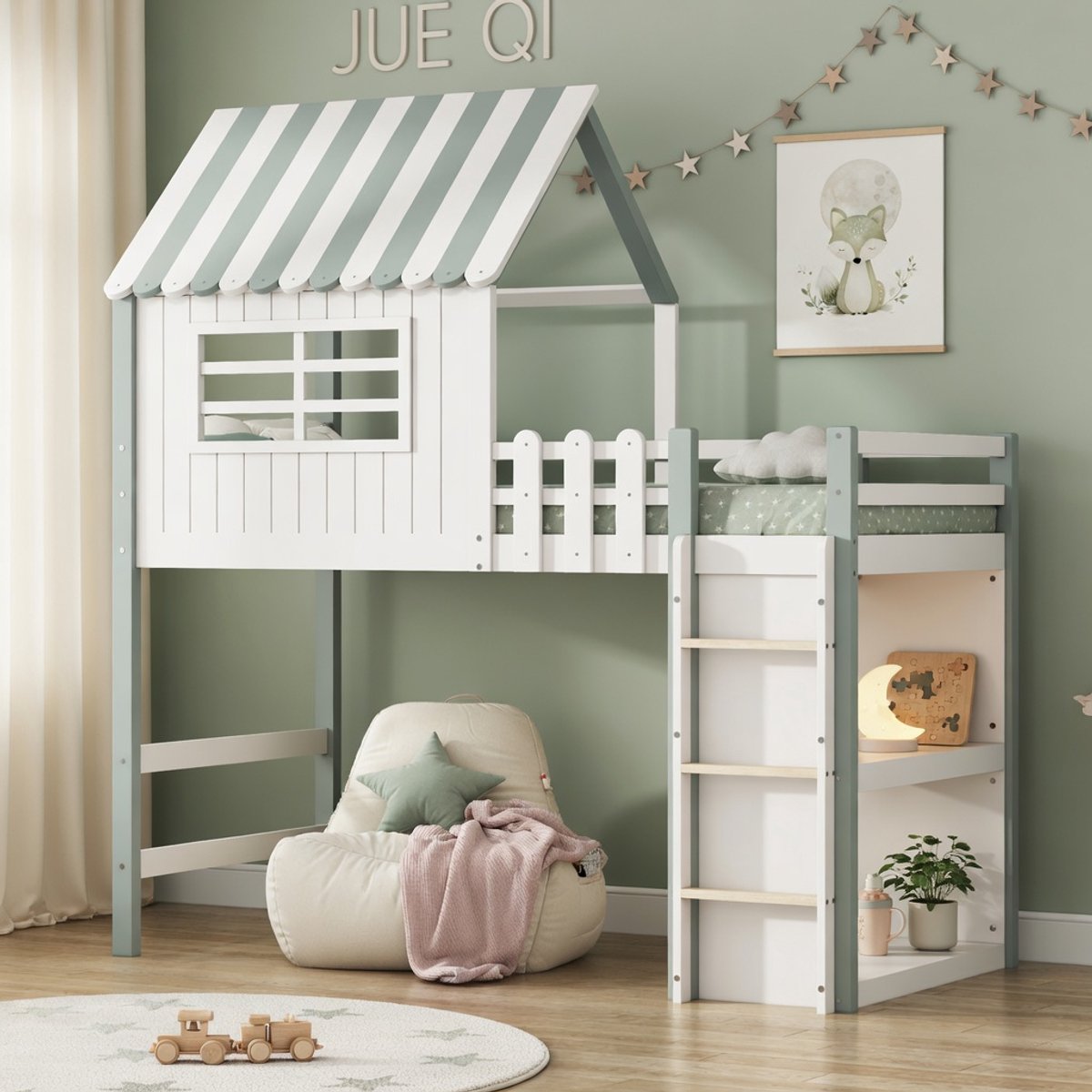 Gutent Hoogslaper kind 90x200 cm met dakvorm en veiligheidsleiter houten hoogslaper groen