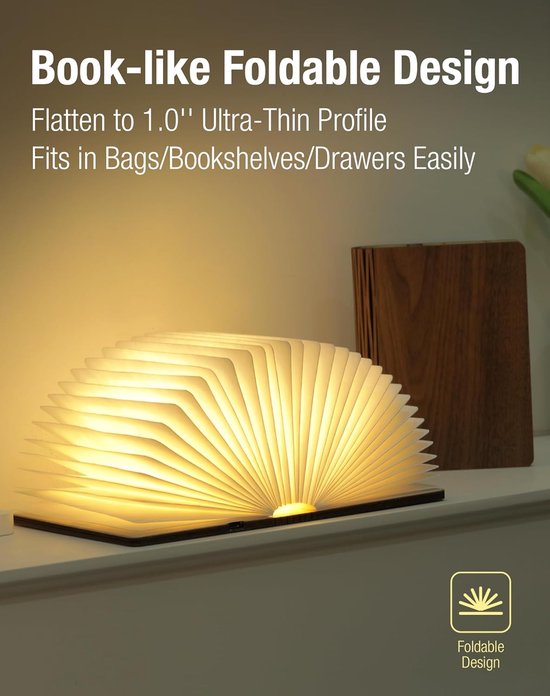 5,7 Inch Boeklamp Hout - Opvouwbare Boekenlamp - Opvouwbaar Nachtlampje - Sfeerverlichting Binnen - Led-Sfeerverlichting - Magnetische Sfeerverlichting - USB Oplaadbare - Magnetisch - Walnoot - Decoratie Woonkamer — afbeelding 3