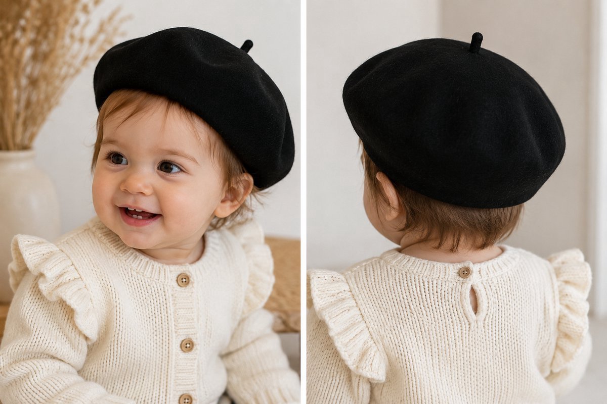 Meisjes Baret Zwart – Kinderbaret 1-3 Jaar – Franse Baret – Klassieke Baby Baret – Fotoshoot & Verkleed Accessoire