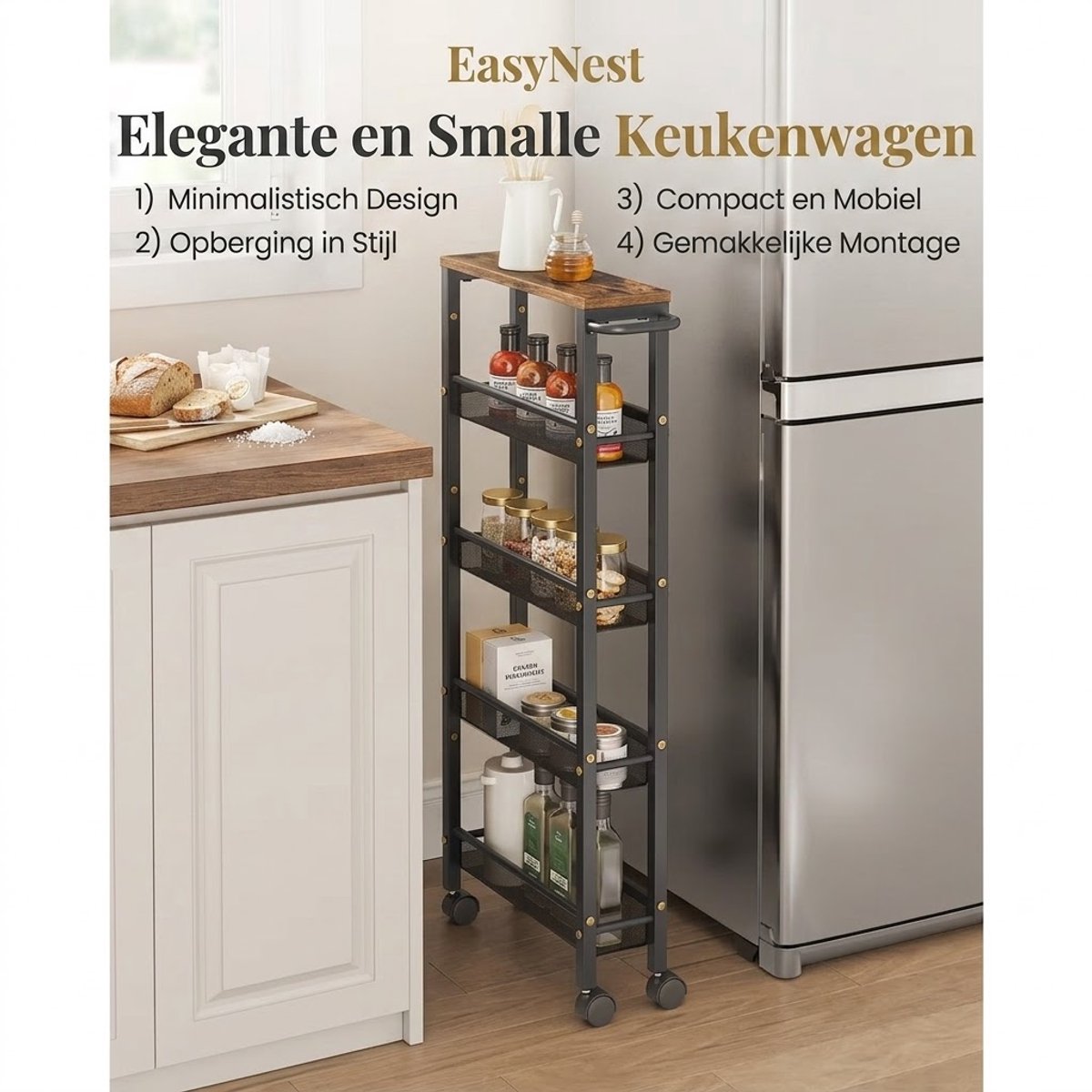 5-Laags Draaibare Opbergkar op Wielen – Smalle Keuken- en Badkamer Trolley van Staal – Ruimtebesparende Organizer Vintage Bruin/Zwart
