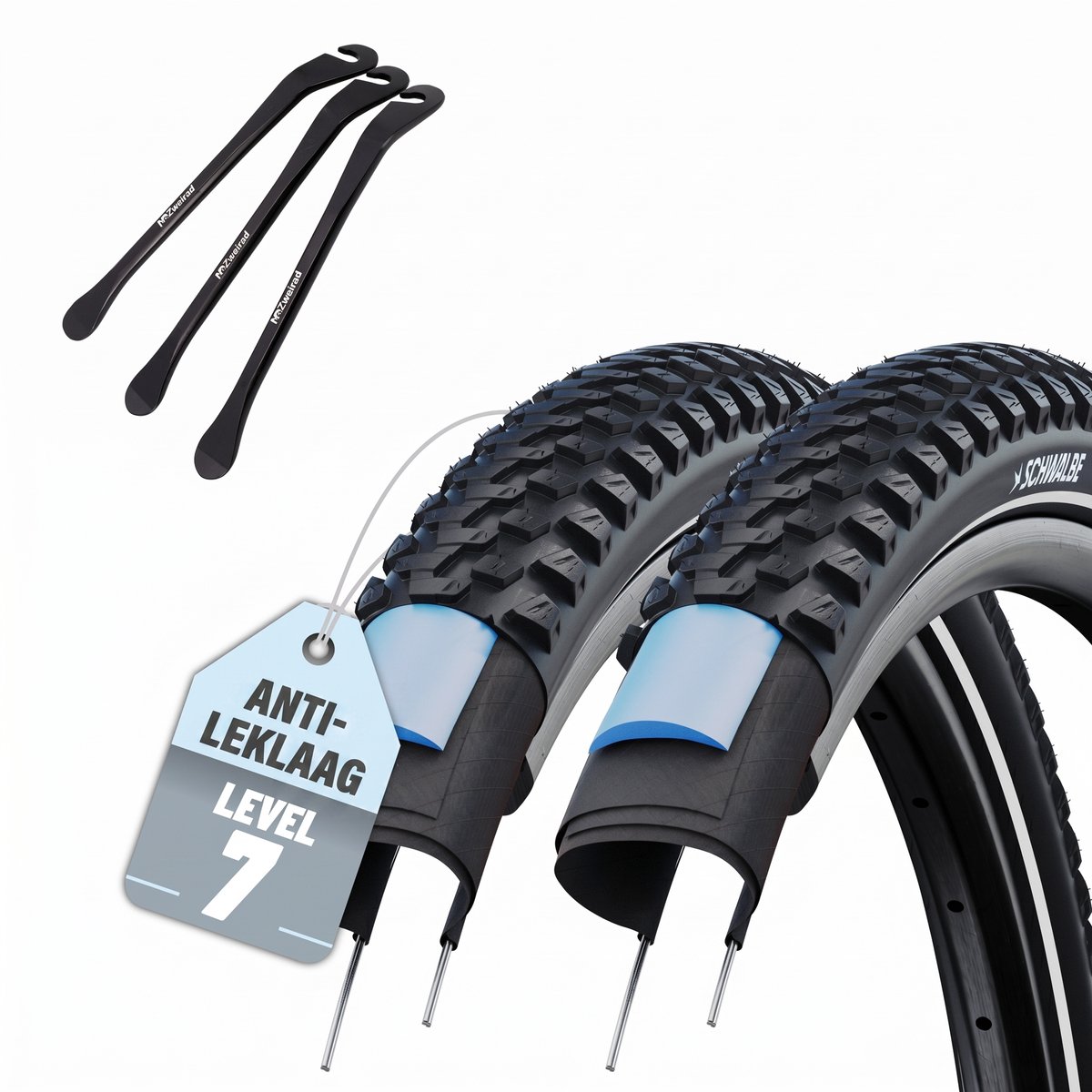 2-delige Set Schwalbe Fietsbanden Marathon Plus MTB 27,5 inch x 2,10 (54-584) buitenband + en 3 metalen MSZweirad bandenlichters voor eenvoudige wisseling van banden